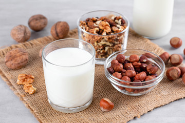 Vegan milk from nuts in glass jar with nuts