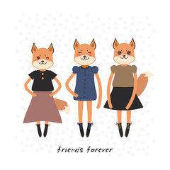Friends forever funny Kawaii fox girl in dress with pink cheeks, cartoon orange gray black isolated on white dot background. Can be used for greeting card design fashion print for baby clothes. Vector