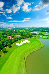 Aerial view of a beautiful green golf course in Shanghai.