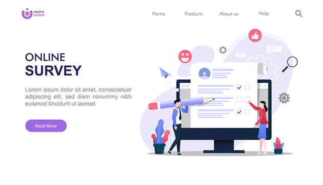 Online survey concept with characters. Can use for landing page, template, ui, web, homepage, poster, banner, flyer. Flat vector illustration with background