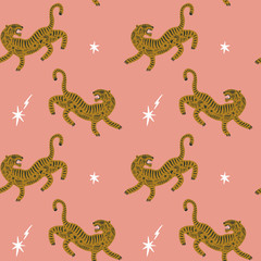Vector doodle seamless pastel pattern with cute tigers. Tropical cats background. Boho wallpaper