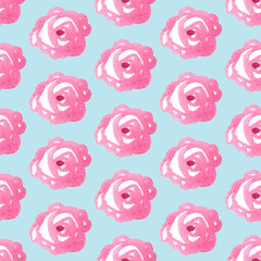 Watercolor pink flowers roses peonies peony Seamless pattern on blue background. simple ornament, fashion print and trend of the season Can be used for Gift wrap, fabrics, wallpapers
