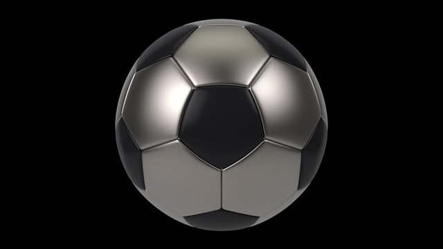 Realistic black and iron soccer ball isolated on black background. 3d looping animation.