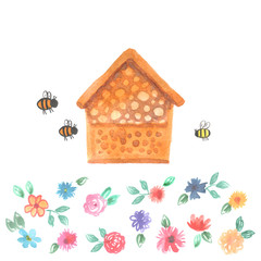 Bee hotel insect bumblebee bee bug house, wooden object produced to mimic the solitary bees natural breeding nests. Watercolor flowers leaves isolated on white. Applicable for Banners Poster