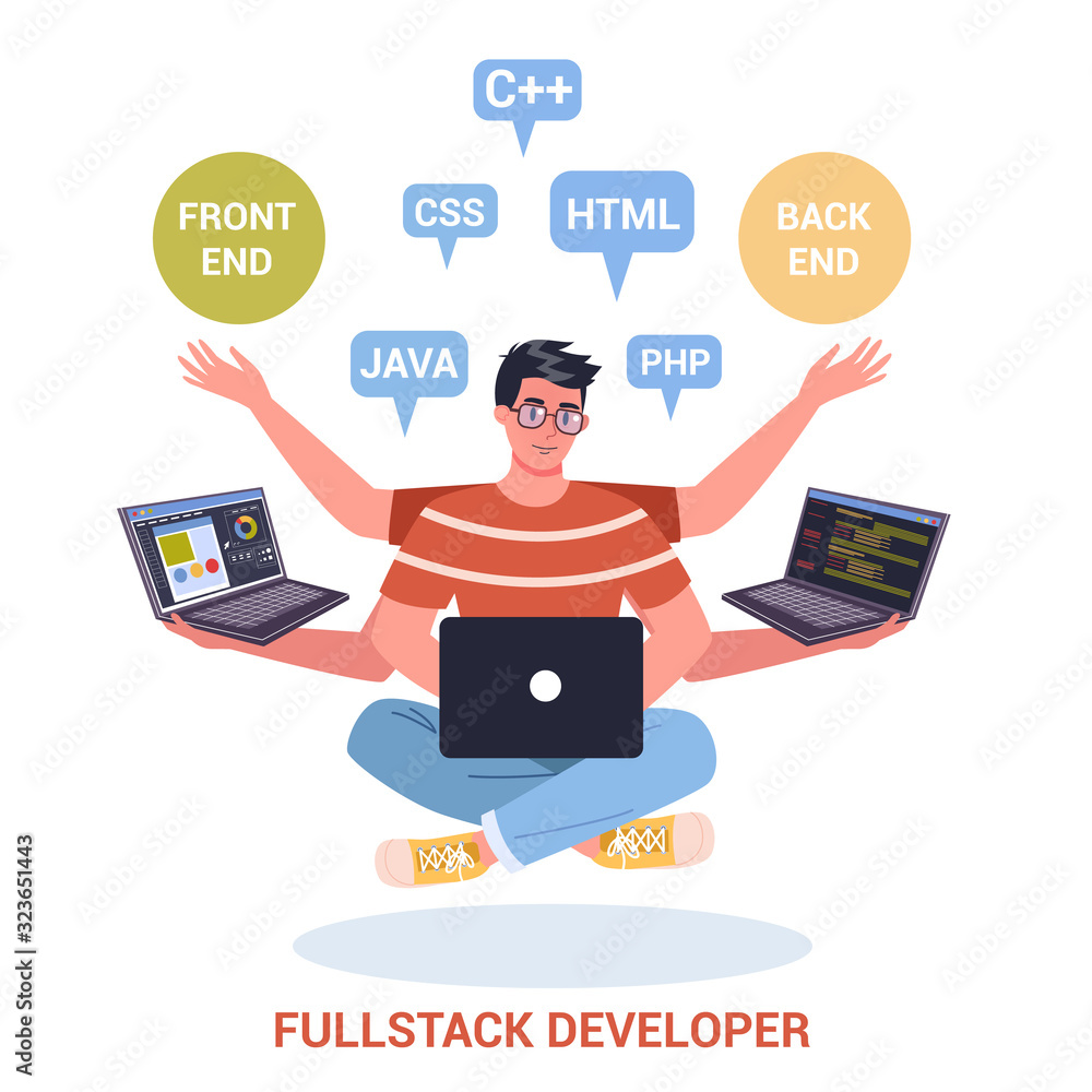 Aufkleber vector illustration of a full stack developer working on computer.