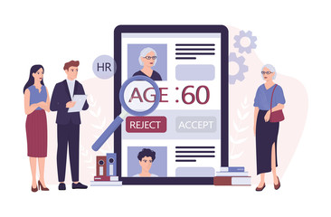 Recruitment ageism concept. HR specialist reject an old woman cv.