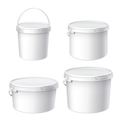 Mockup for design. White plastic buckets. A small large and medium bucket with a lid. Container for 1, 2, 5 liters. Product packaging food or paints, adhesives, sealants. Vector - obrazy, fototapety, plakaty