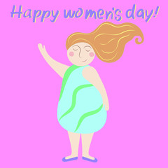 Women's History Month. Beautiful young girl with long red hair in a blue dress. Simple flat design. Greeting card.