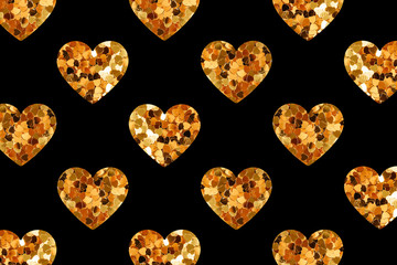 Golden hearts in art deco style on a black background. Texture of large hearts consisting of small gold confetti.