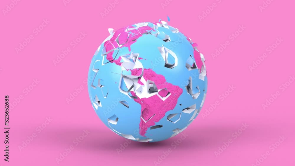 Poster rotating earth globe in minimal style. shattered earth planet on background, 3d render animation. ap