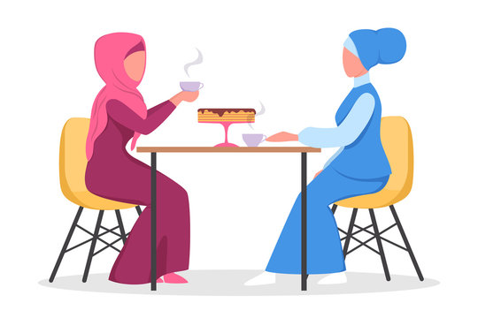 Female muslim characters in traditional clothes eating in cafe.