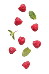 Fresh raspberries levitation. - obrazy, fototapety, plakaty