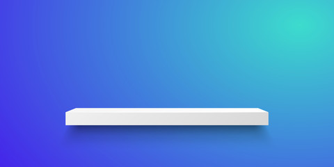 Front view of an empty white shelf on a bright blue wall - Free space for design
