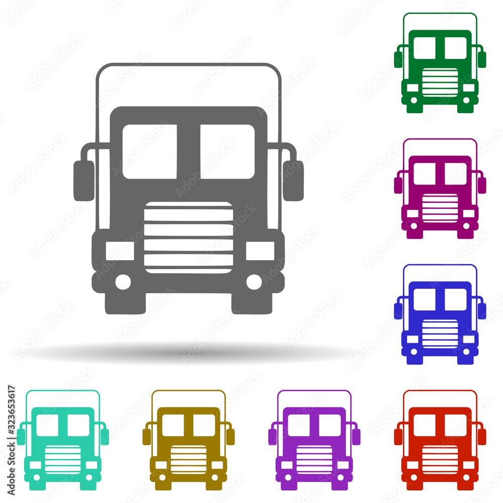 Poster front view truck, travel in multi color style icon. simple glyph, flat vector of transport icons for