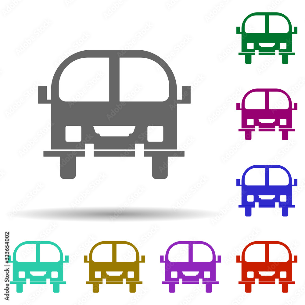 Poster front view bus, car in multi color style icon. simple glyph, flat vector of transport icons for ui a