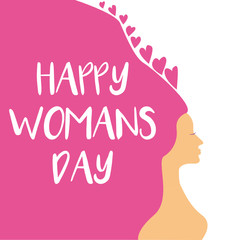 Women's History Month. International women's day poster. Postcard on March 8.  Woman sign. Elegant greeting card design with illustration of  beautiful young girl with long hair. Flat style.