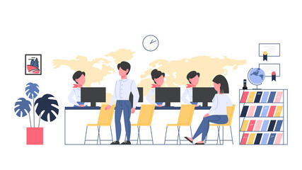 Travel agency room interior. People sitting at the desk