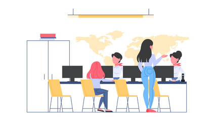 Travel agency room interior. People sitting at the desk