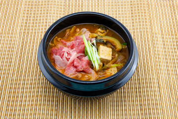 Soybean Paste Stew with Beef Brisket which is called Cadobagi Doenjan Jjigae in Korean