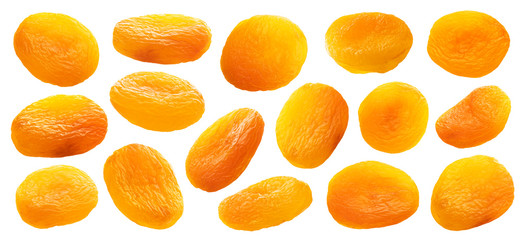 Collection of dried apricots isolated on white background