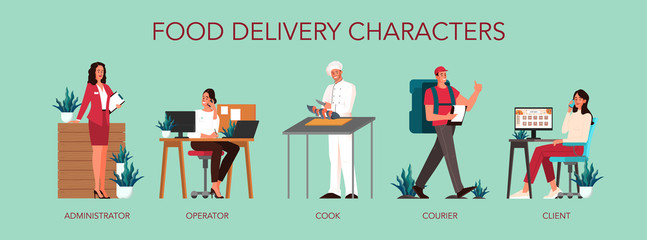 Food delivery from food service to client set. Woman ordering food