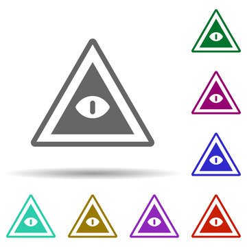 Eye in pyramid in multi color style icon. Simple glyph, flat vector of world religiosity icons for ui and ux, website or mobile application