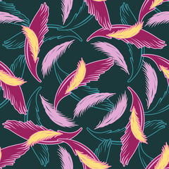 Vector seamless pattern with light feathers and flowers.