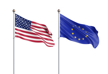Two waving flags. United States of America flag, isolated on white. 3d Illustration.