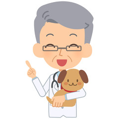 説明をする笑顔の獣医と犬