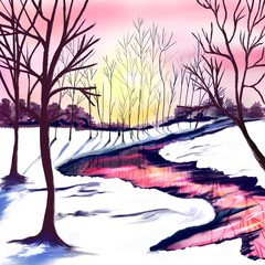 Fototapeta na wymiar Winter landscape with trees in white and pink colors. Pink sunset by the river. The sun shines through the trees. Christmas party. Postcard, poster