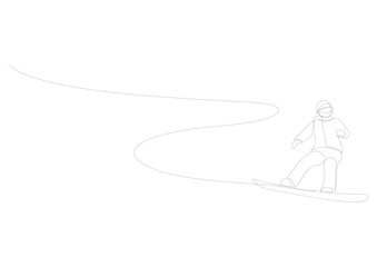 Continuous one line drawing of winter sport of snowboarding. A man on the snowboard freestyle. Vector minimalism design.