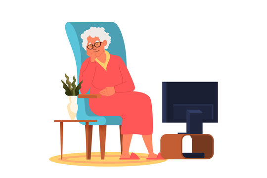 Elderly People And Couple Sitting On The Sofa Or Armchair And Watching TV