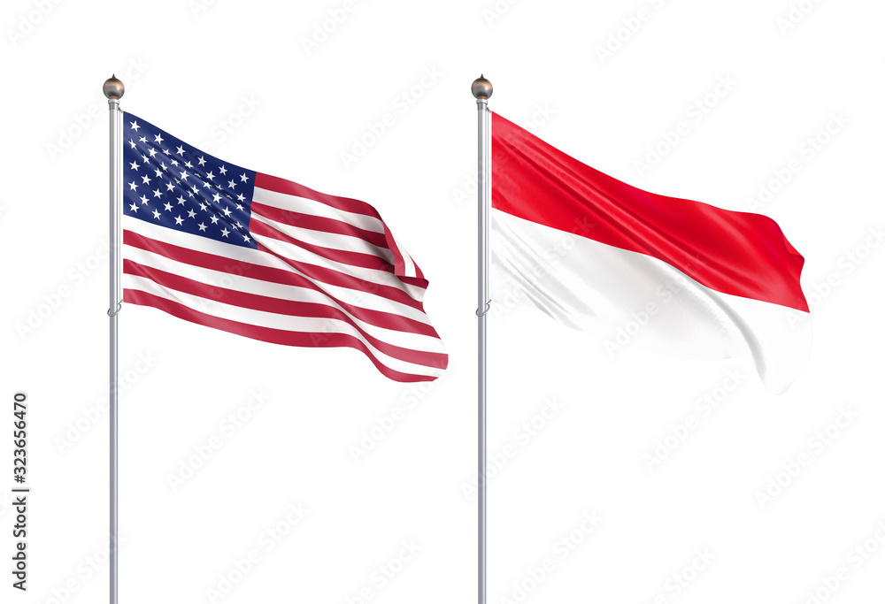 Wall mural two waving flags. united states of america and indonesia flags, isolated on white. 3d illustration.