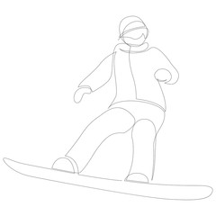 Continuous one line drawing of winter sport of snowboarding. A man on the snowboard freestyle. Vector minimalism design.