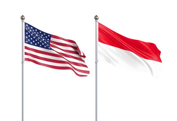 Two waving flags. United States of America and Indonesia flags, isolated on white. 3d Illustration.
