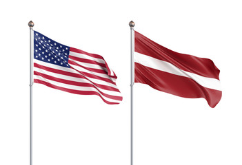 Two waving flags. United States of America flag, isolated on white. 3d Illustration.