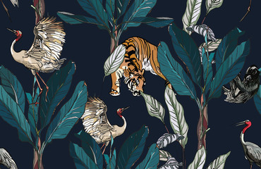 Seamless Pattern Dancing Cranes and Sloth with Tiger and Jungle Palms Exotic Rainforest on Dark Background