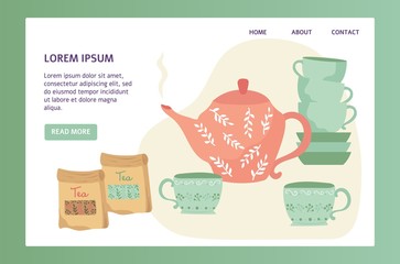 Tea shop website design, hand drawn teapot and cups, vector illustration. Cute decorative tea pot with hot beverage, packages of loose tea in online store. Landing page template, cafe website