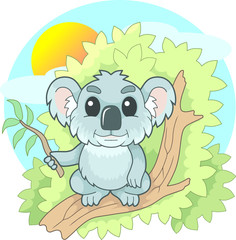 cartoon cute little koala sitting on a branch, funny illustration
