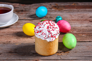 easter cake and easter eggs, traditional holiday design (happy easter) menu concept. food background. top view. copy space