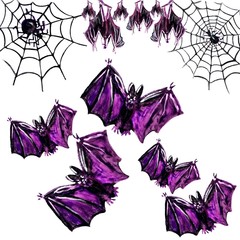 Seamless pattern with purple spider web, spiders and bats. Halloween seamless pattern with web, spider, bats. Pattern can be used for wallpaper, web page background, surface textures.