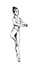 Girl ballerina does exercises, circles fouet. Sketch. Collection of summer dance illustrations. Female beauty and grace. The concept of an active lifestyle and dance art.