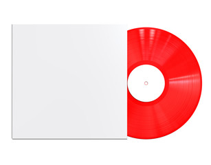 Red Colored Vinyl Disc Mock Up. Vintage LP Vinyl Record with White Cover Sleeve and White Label Isolated on White Background. 3D Render.