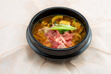 Soybean Paste Stew with Beef Brisket which is called Cadobagi Doenjan Jjigae in Korean