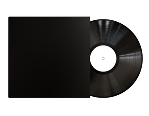 Black Vinyl Disc Mock Up. Vintage LP Vinyl Record with Black Cover Sleeve and White Label Isolated on White Background. 3D Render.
