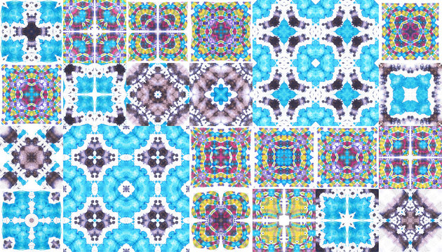 Blue Seameless Artistic Tile Chinese Texture. Bright Saturated Colorful Fashion .Seamless Colorful Liquid Tribal Kaleidoscope. Seameless Grunge Moroccan Fabrics Tile