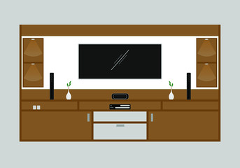Furniture built in for televisions and stereos in the living room. Home theater.