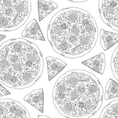 Pizza graphic fast food black white seamless pattern background sketch illustration vector