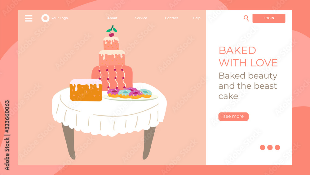 Wall mural bakery website design, homemade cakes and sweets, vector illustration. pastry shop landing page temp