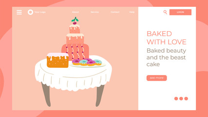 Bakery website design, homemade cakes and sweets, vector illustration. Pastry shop landing page template, freshly baked cake for birthday or wedding. Bakery products in simple flat cartoon style